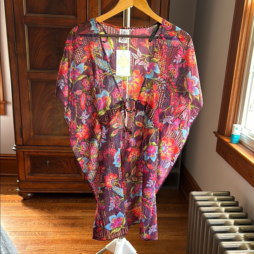 BECCA Red and Pink Swim Coverup with Kimono Sleeves